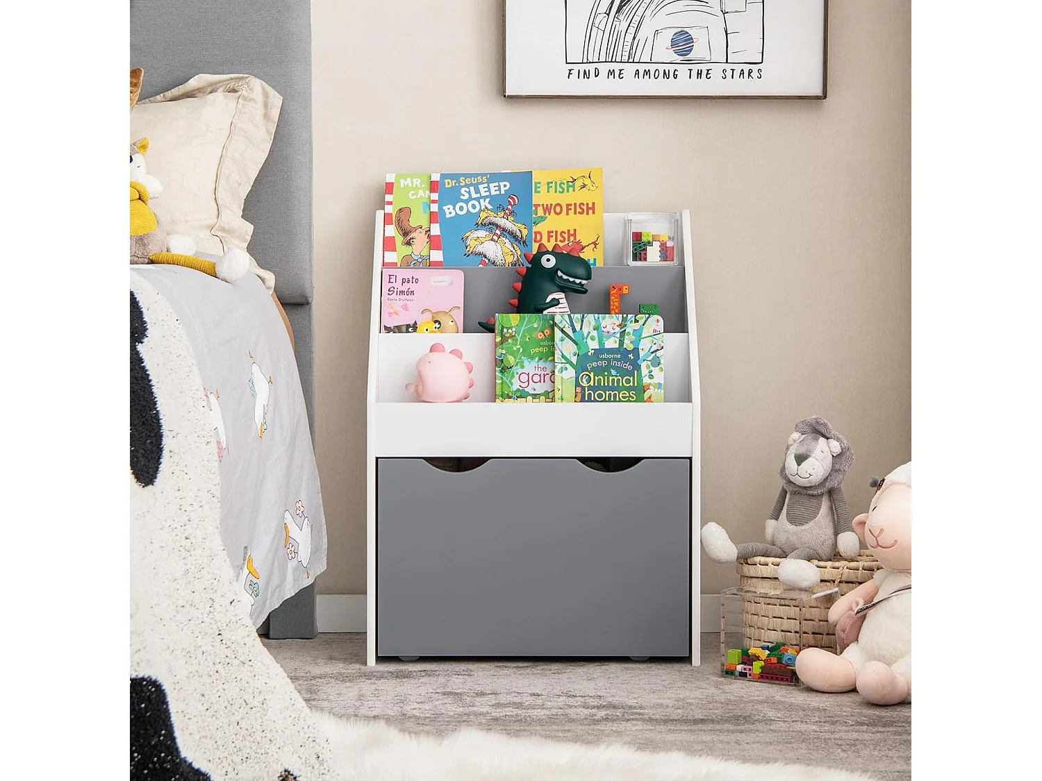 Kinderregal mit rollender Spielzeugkiste