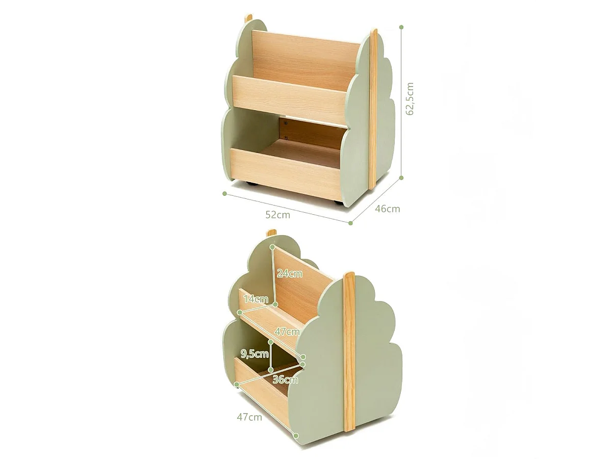Kinder Bücherregal aus Holz mit Universalrädern 2 Ebenen Spielzeugregal auf Rollen Grün