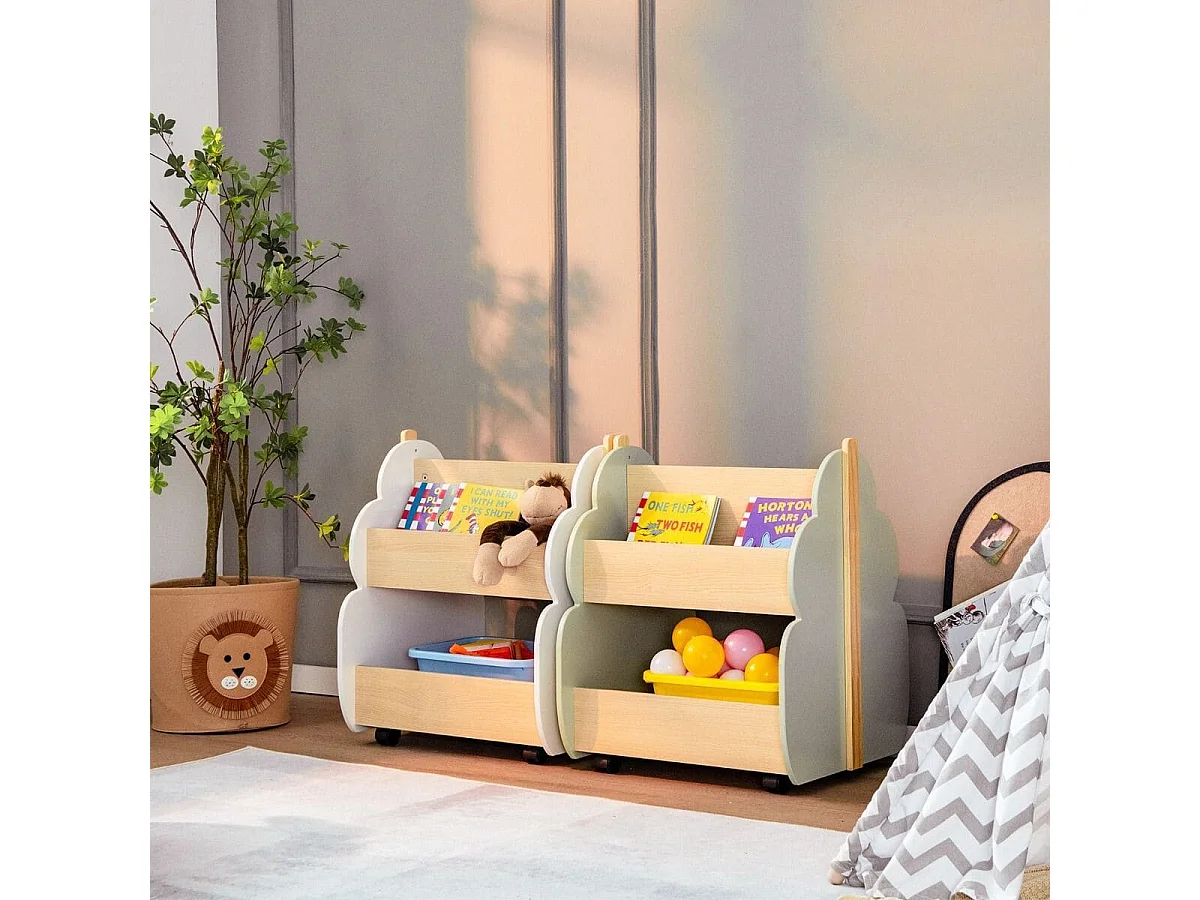 Kinder Bücherregal aus Holz mit Universalrädern 2 Ebenen Spielzeugregal auf Rollen Grün