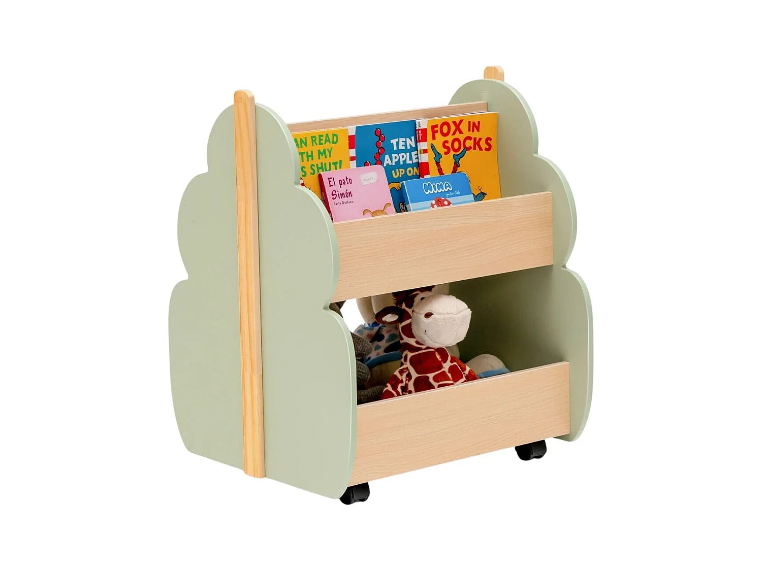 Kinder Bücherregal aus Holz mit Universalrädern 2 Ebenen Spielzeugregal auf Rollen Grün