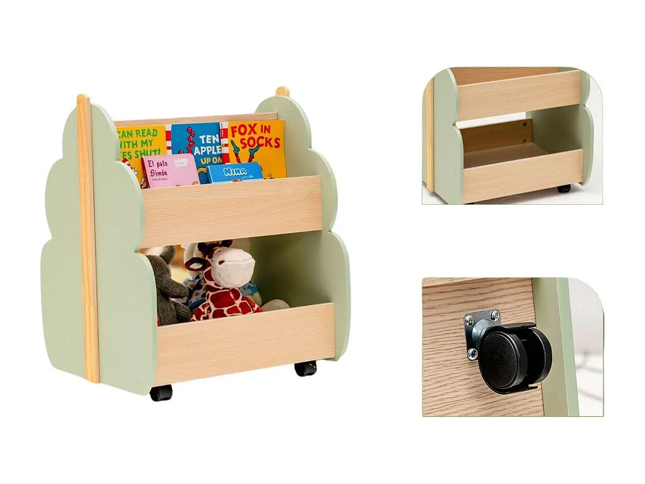 Kinder Bücherregal aus Holz mit Universalrädern 2 Ebenen Spielzeugregal auf Rollen Grün