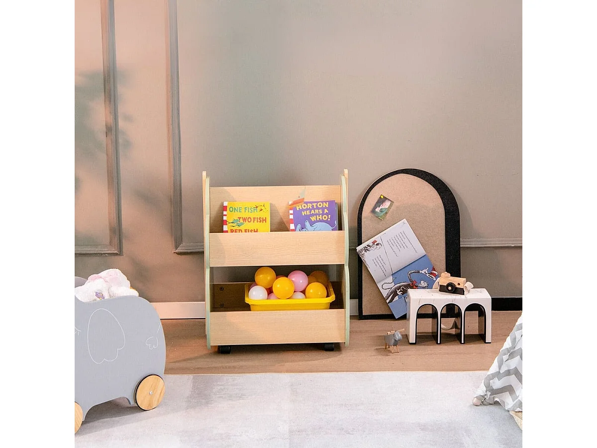 Kinder Bücherregal aus Holz mit Universalrädern 2 Ebenen Spielzeugregal auf Rollen Grün