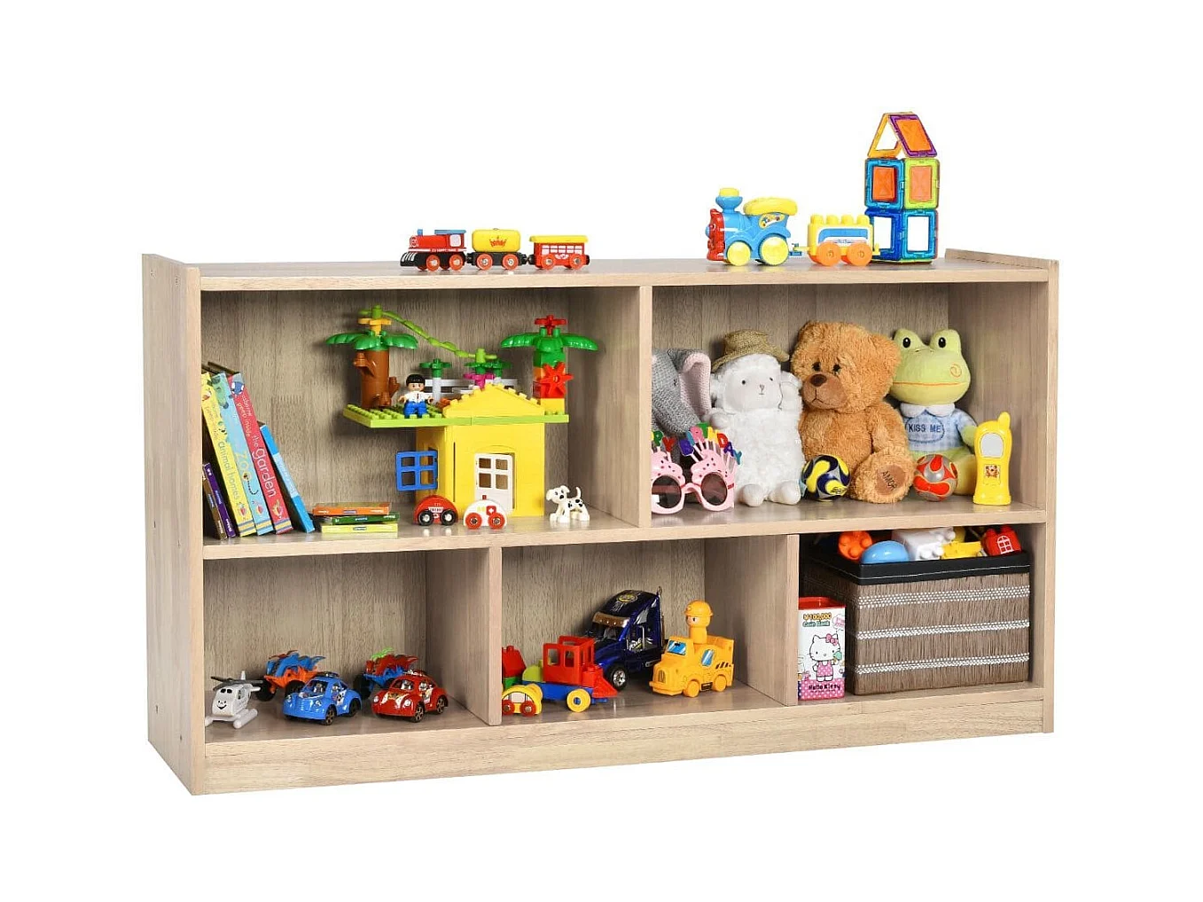 Bibliothèque pour Enfants 111x30x61,5 CM avec 5 Compartiments et Patins Antidérapants pour Jouets Livres Poupées Naturel