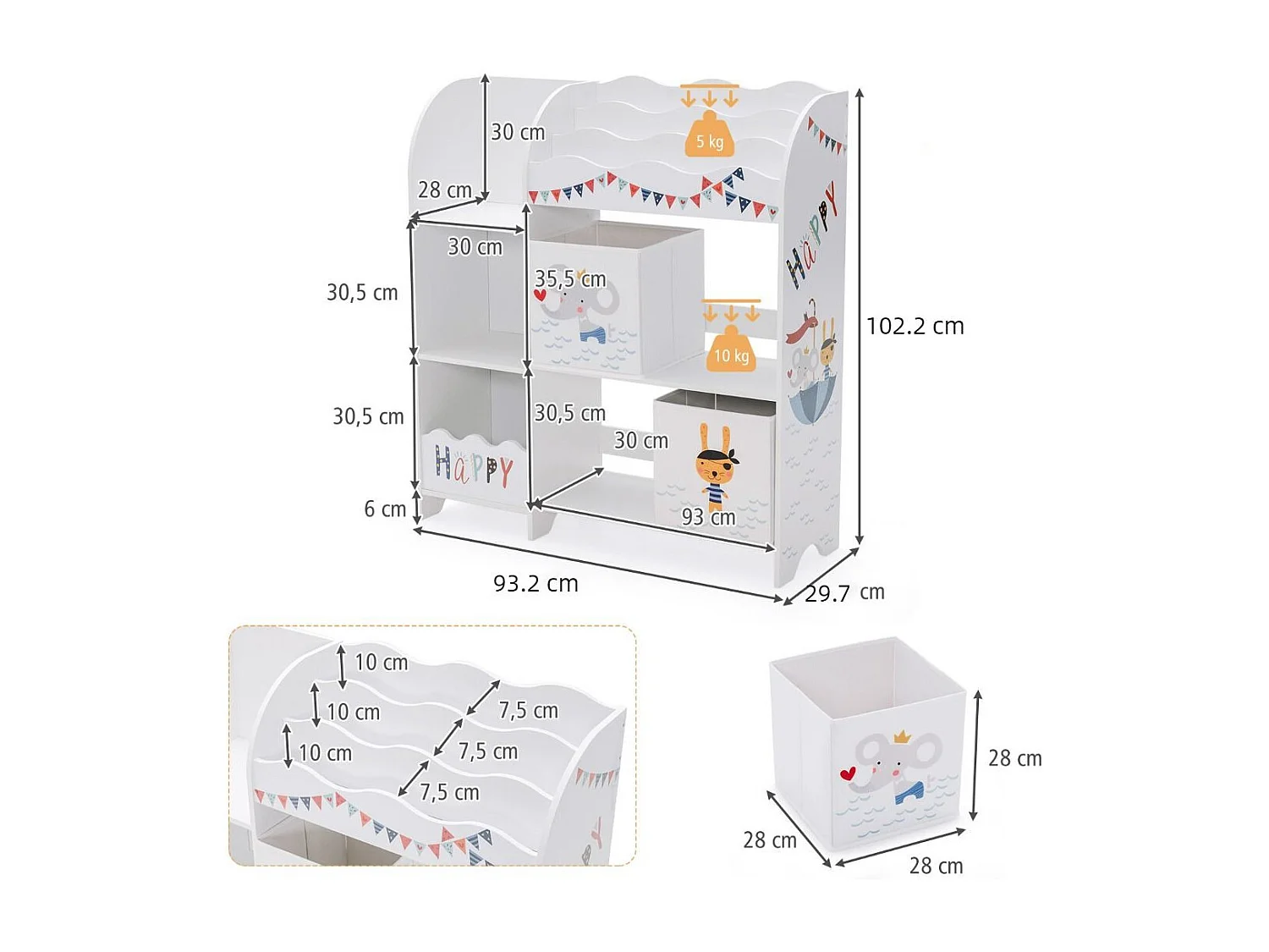 Kinder Aufbewahrungsschrank mit 5 Fächern & 2 Stoffschubladen Pirat