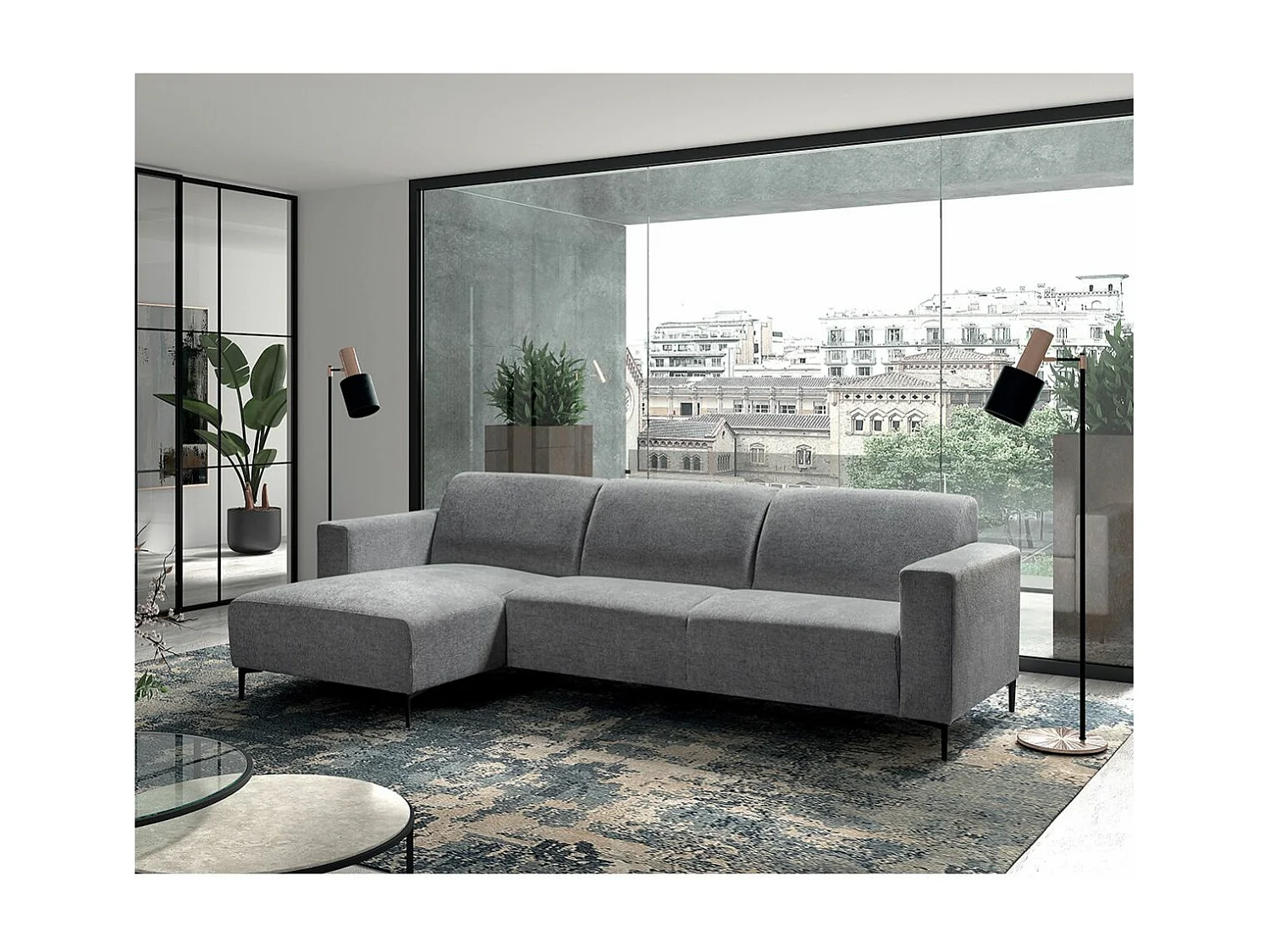 EDOUARD - Canapé Méridienne Gauche Tissu Gris Chiné Pieds Métal