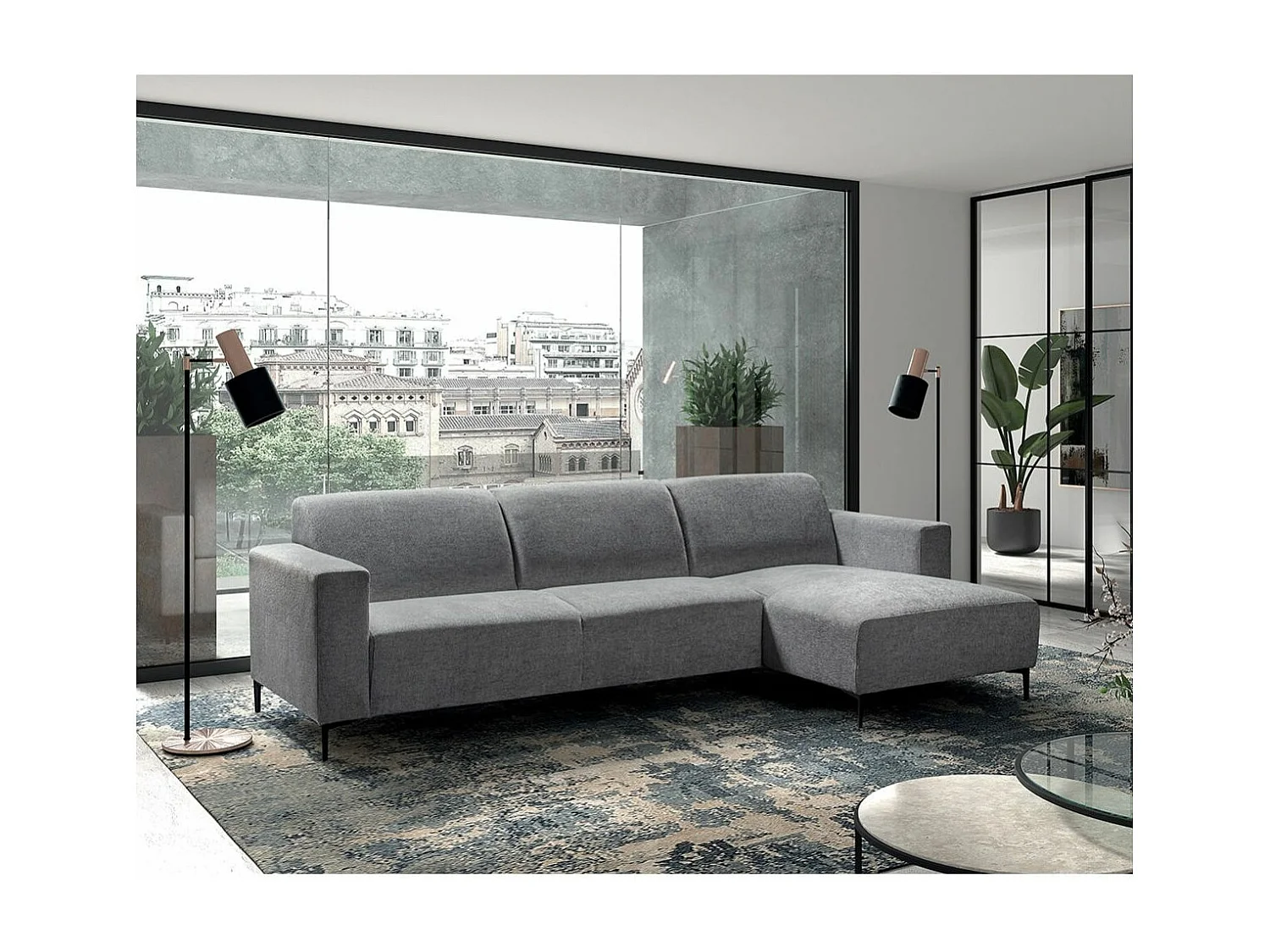 EDOUARD - Canapé Méridienne Droite Tissu Gris Chiné Pieds Métal