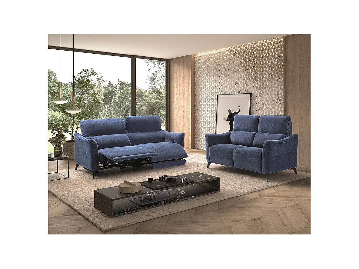 Canapé 3 Places Electrique Tissu Waterproof Bleu - BURGOS