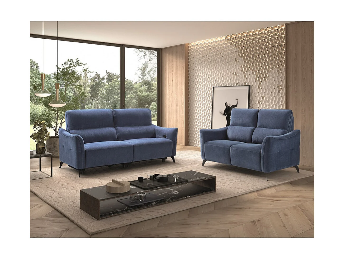 BURGOS - Canapé 3 Places Electrique Tissu Waterproof Bleu