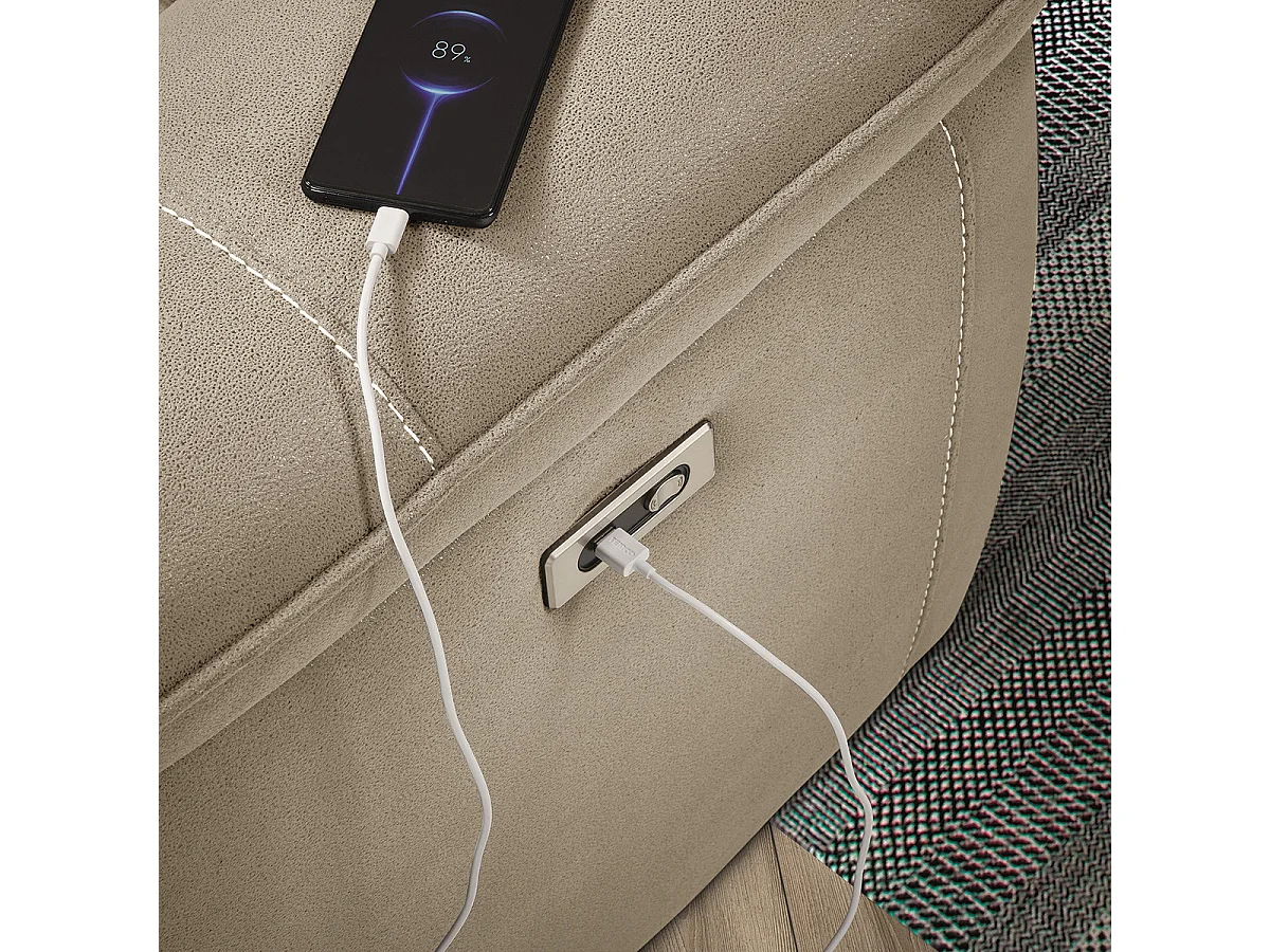 ALMEIRIM - Canapé Relax Electrique 4 Places Tissu Beige Pieds Bois