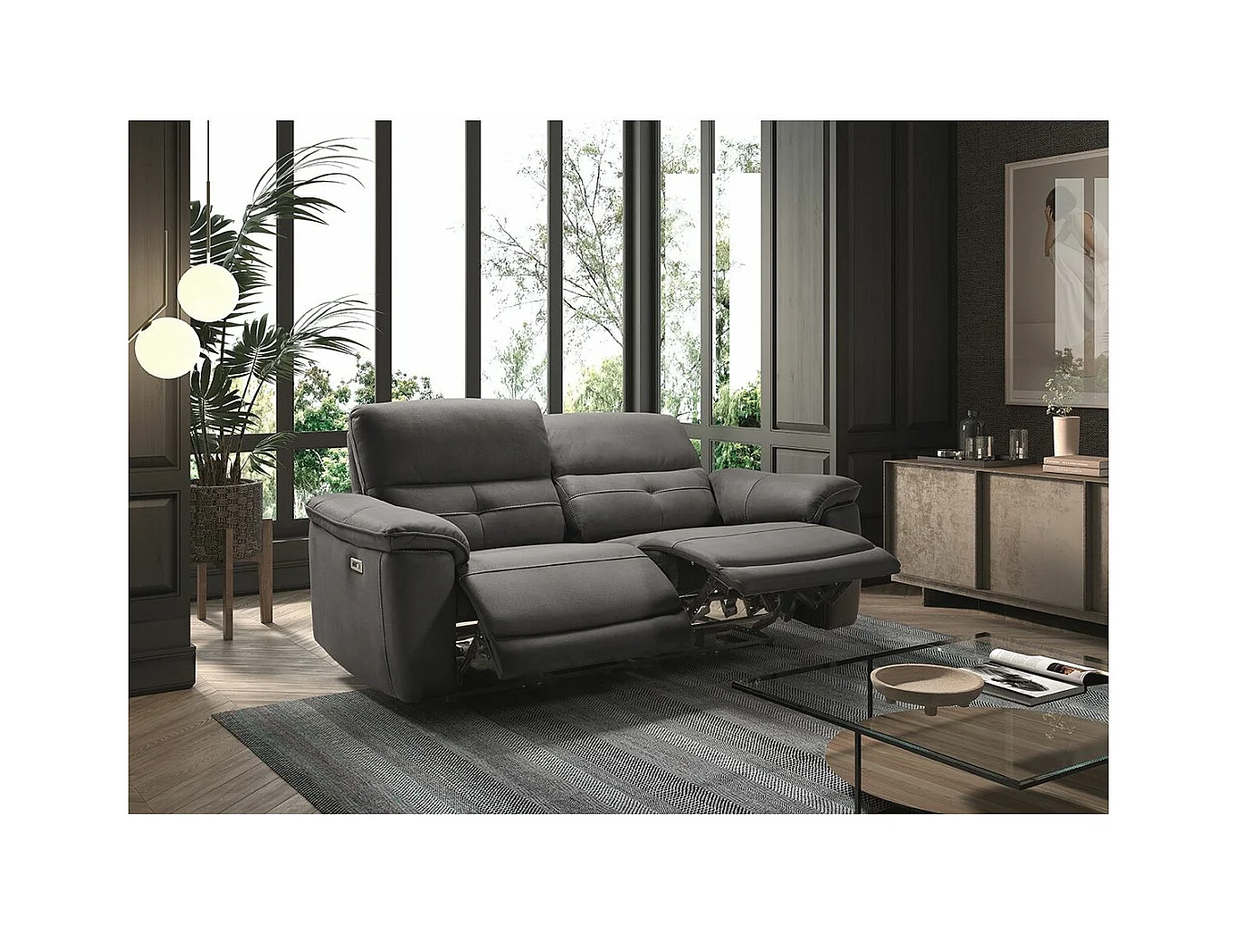 ALMEIRIM - Canapé Relax Electrique 3 Places Tissu Gris Foncé Pieds Bois
