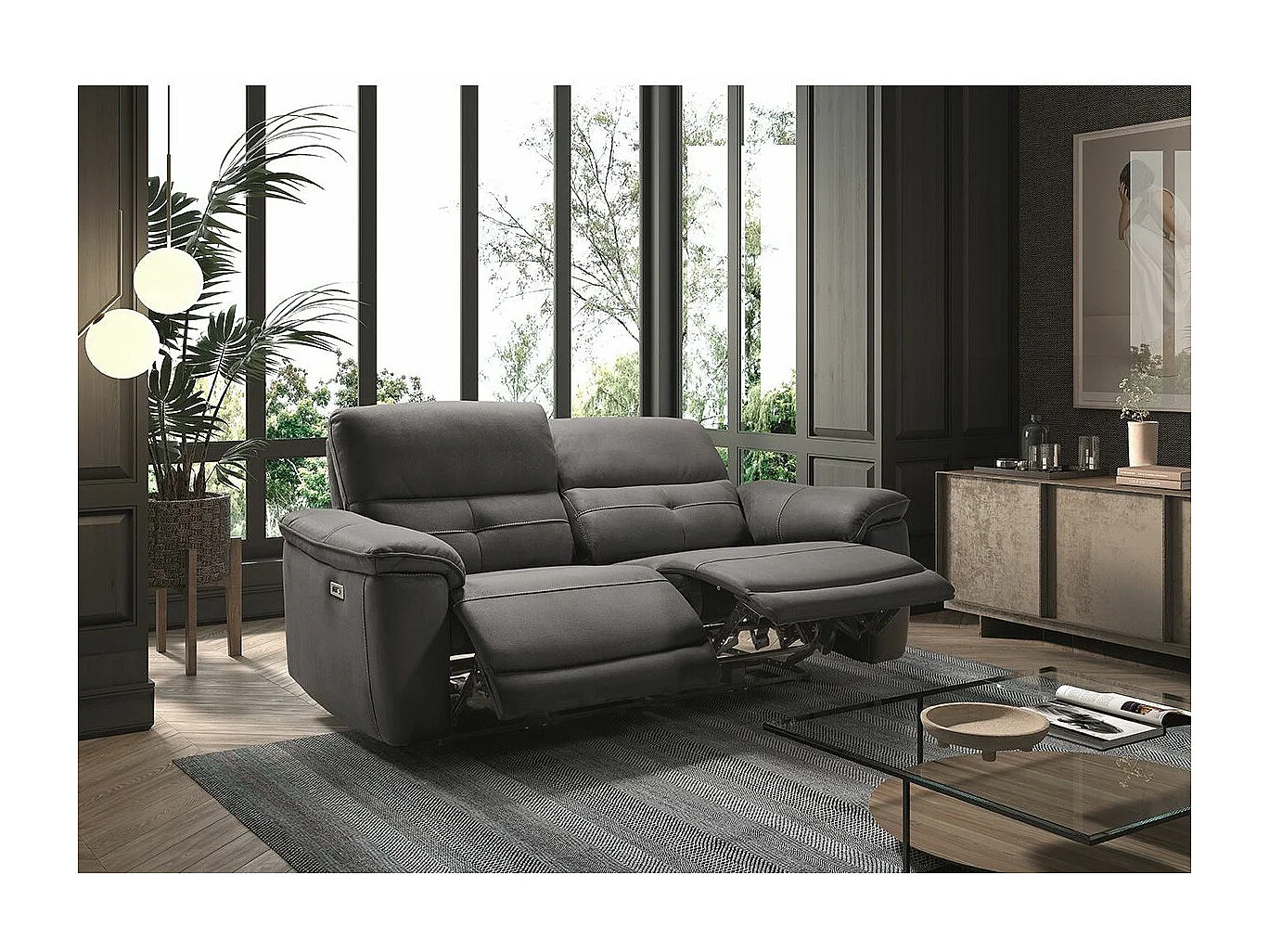 ALMEIRIM - Canapé Relax Electrique 3 Places Tissu Gris Foncé Pieds Bois