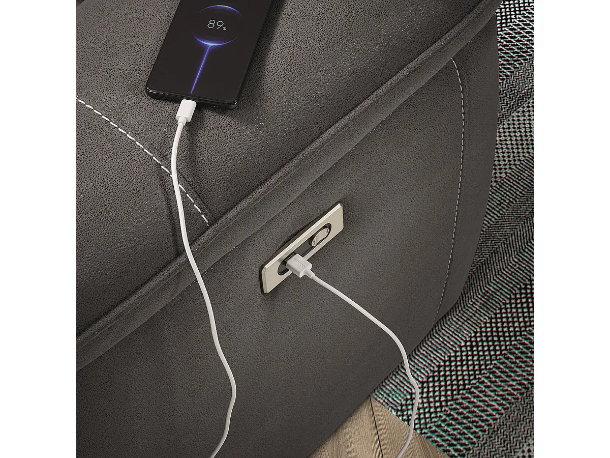 ALMEIRIM - Canapé Relax Electrique 3 Places Tissu Gris Foncé Pieds Bois