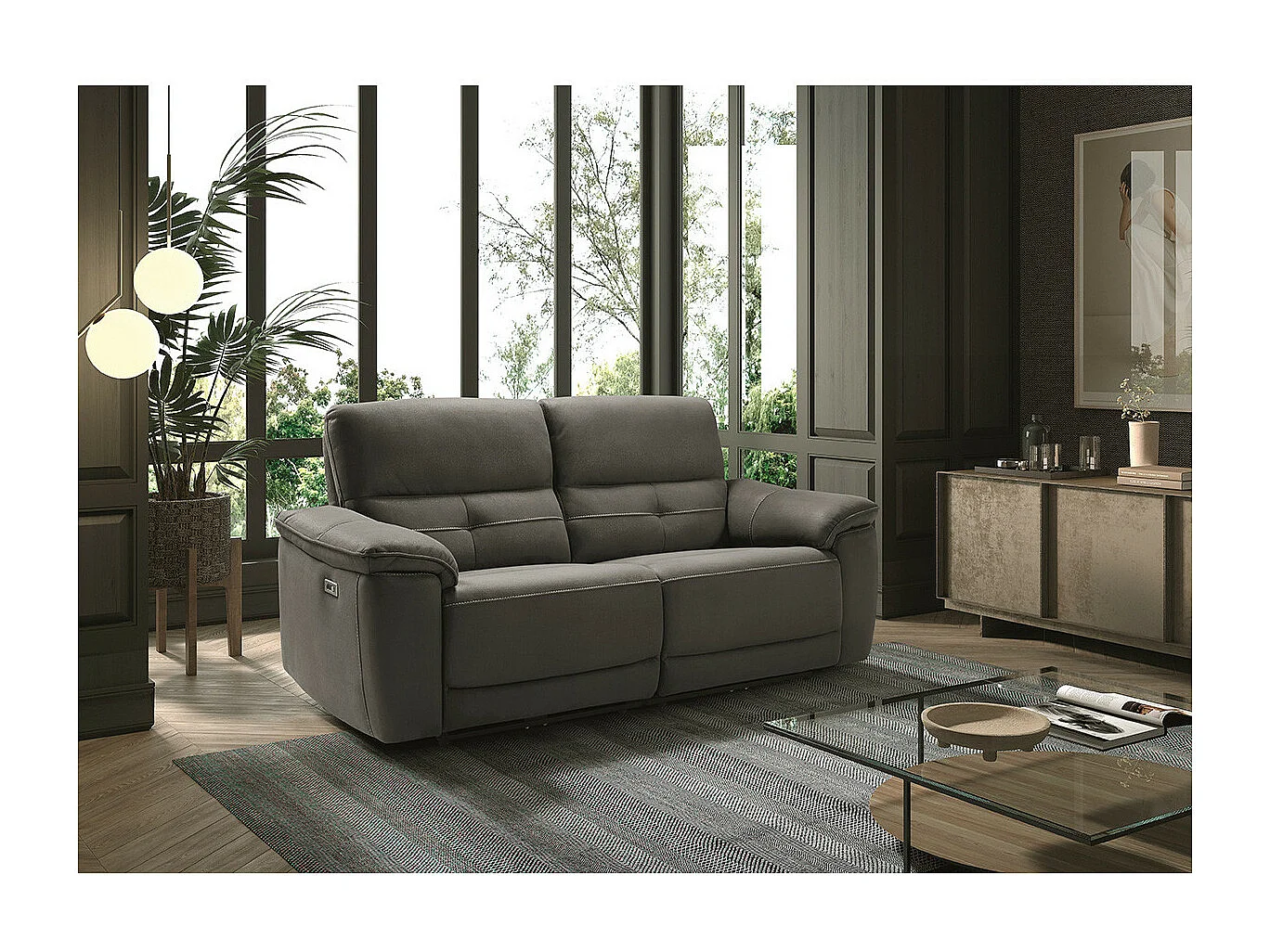 ALMEIRIM - Canapé Relax Electrique 3 Places Tissu Gris Foncé Pieds Bois