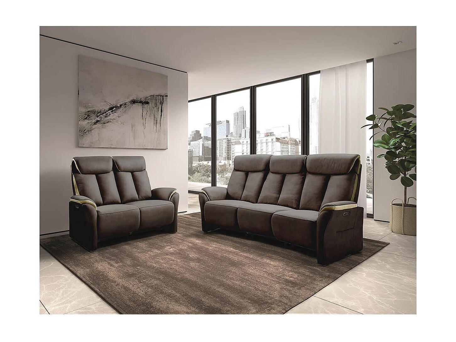 COIMBRA - Canapé Relax Electrique 2 Places New Nobuck Gris Foncé et Beige