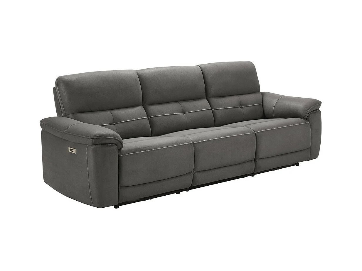 ALMEIRIM - Canapé Relax Electrique 4 Places Tissu Gris Foncé Pieds Bois