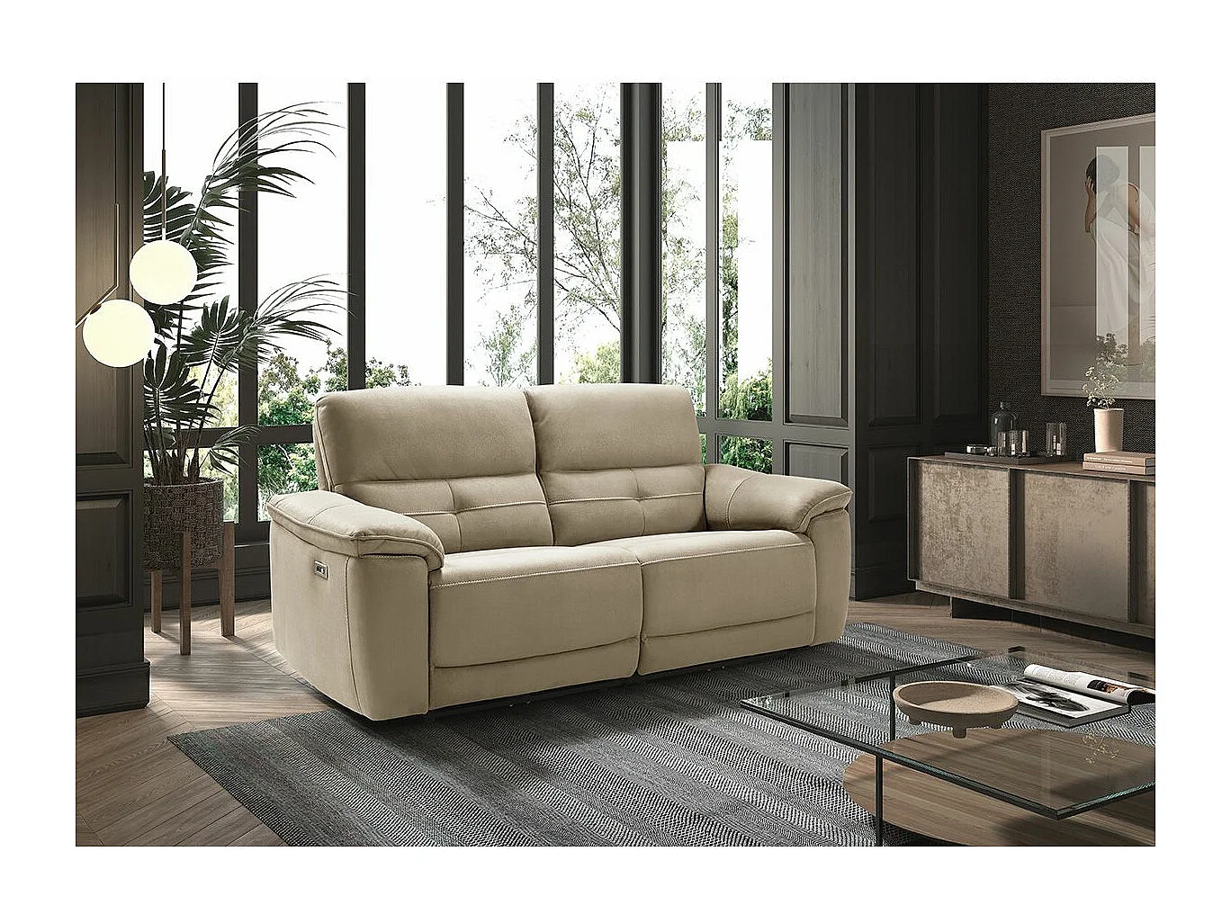 ALMEIRIM - Canapé Relax Electrique 3 Places Tissu Beige Pieds Bois