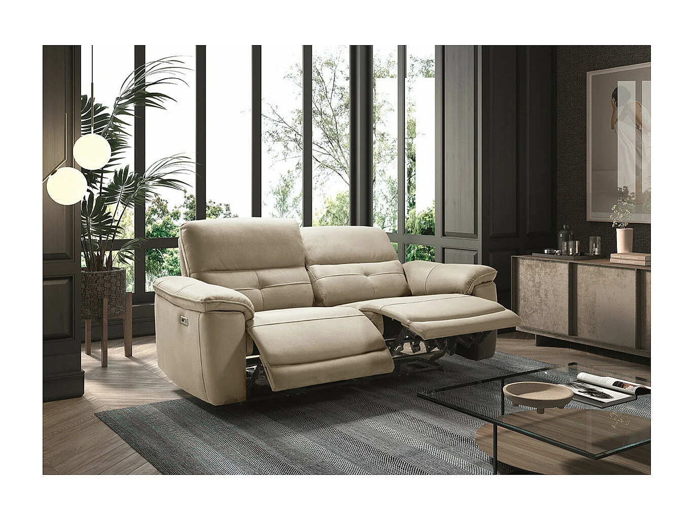 ALMEIRIM - Canapé Relax Electrique 3 Places Tissu Beige Pieds Bois