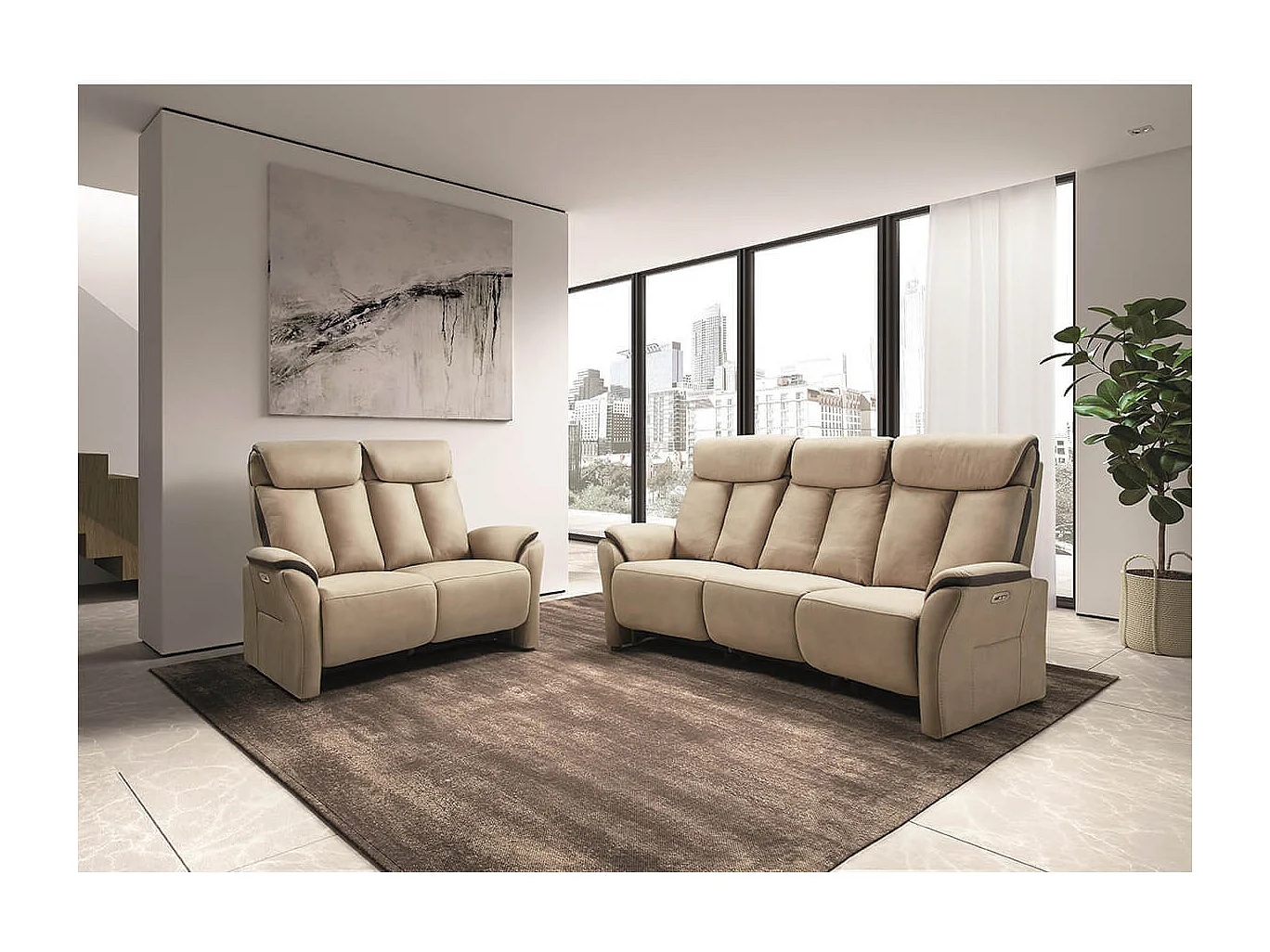 COIMBRA - Canapé Relax Electrique 2 Places New Nobuck Beige et Gris Foncé