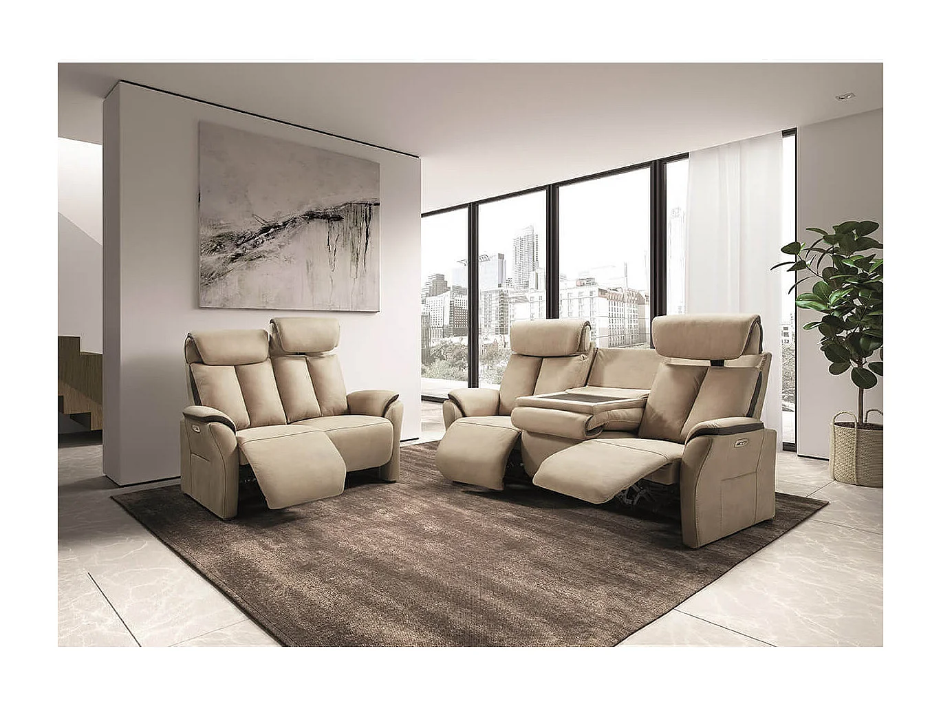 COIMBRA - Canapé Relax Electrique 2 Places New Nobuck Beige et Gris Foncé