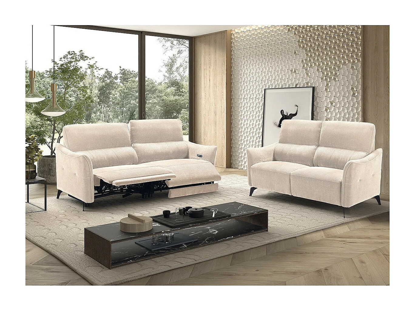 BURGOS - Canapé 3 Places Electrique Tissu Waterproof Beige