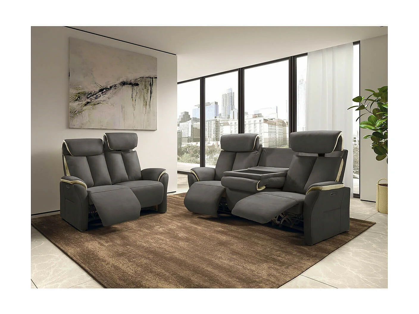 COIMBRA - Canapé Relax Electrique 3 Places New Nobuck Gris Foncé et Beige