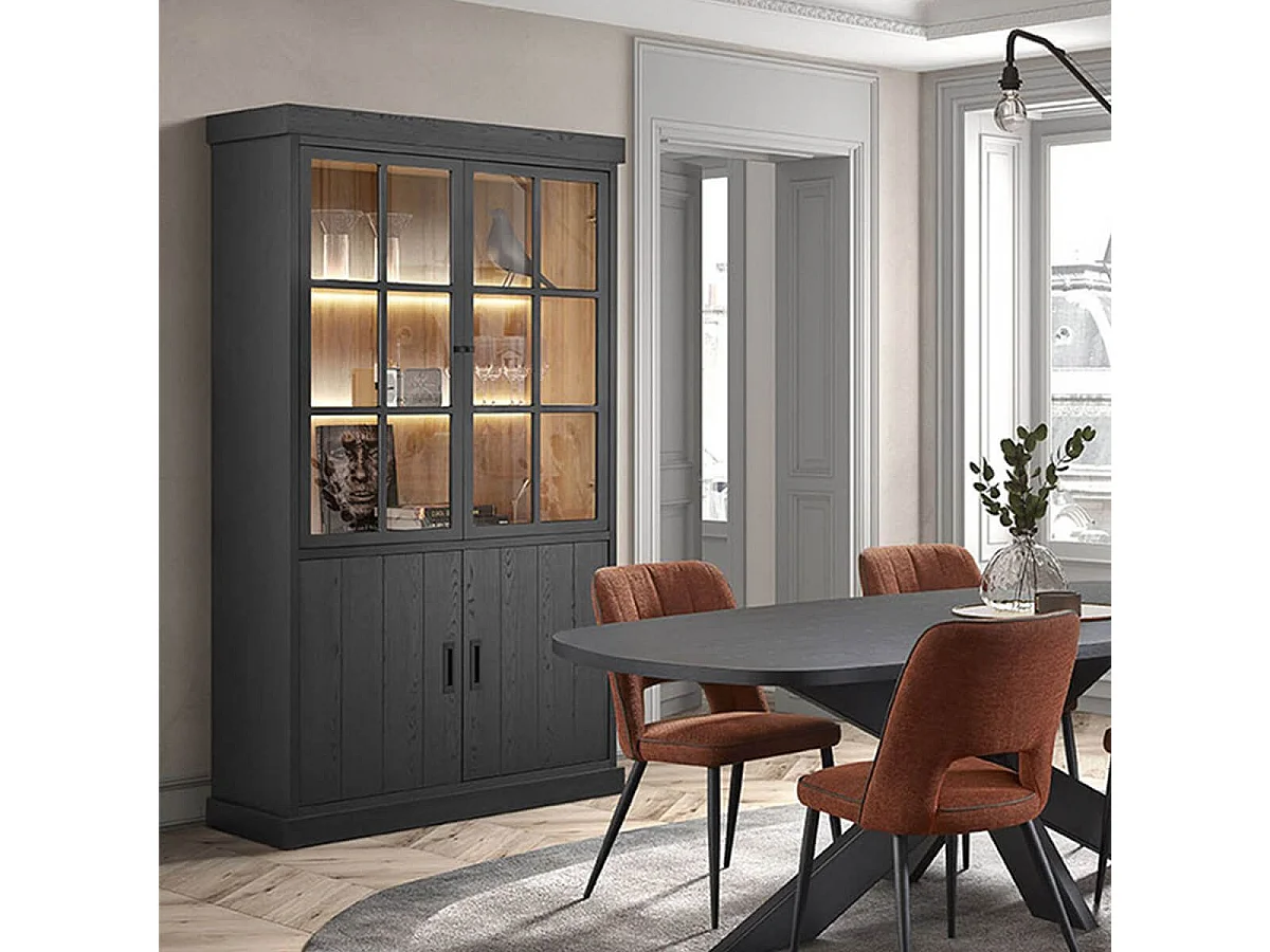 ALPHA - Vitrine 4 Portes Aspect Bois Noir avec Leds