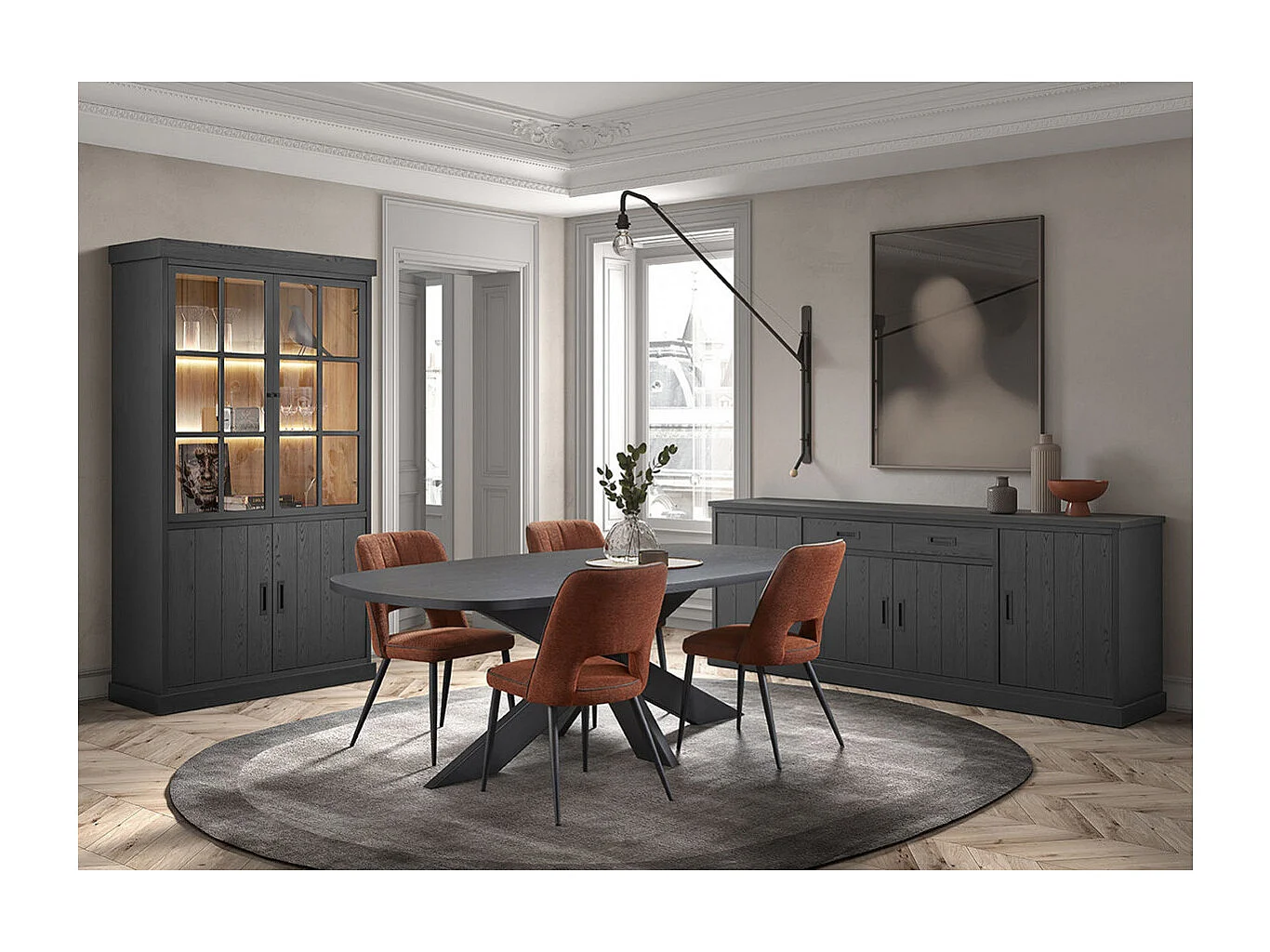 ALPHA - Vitrine 4 Portes Aspect Bois Noir avec Leds