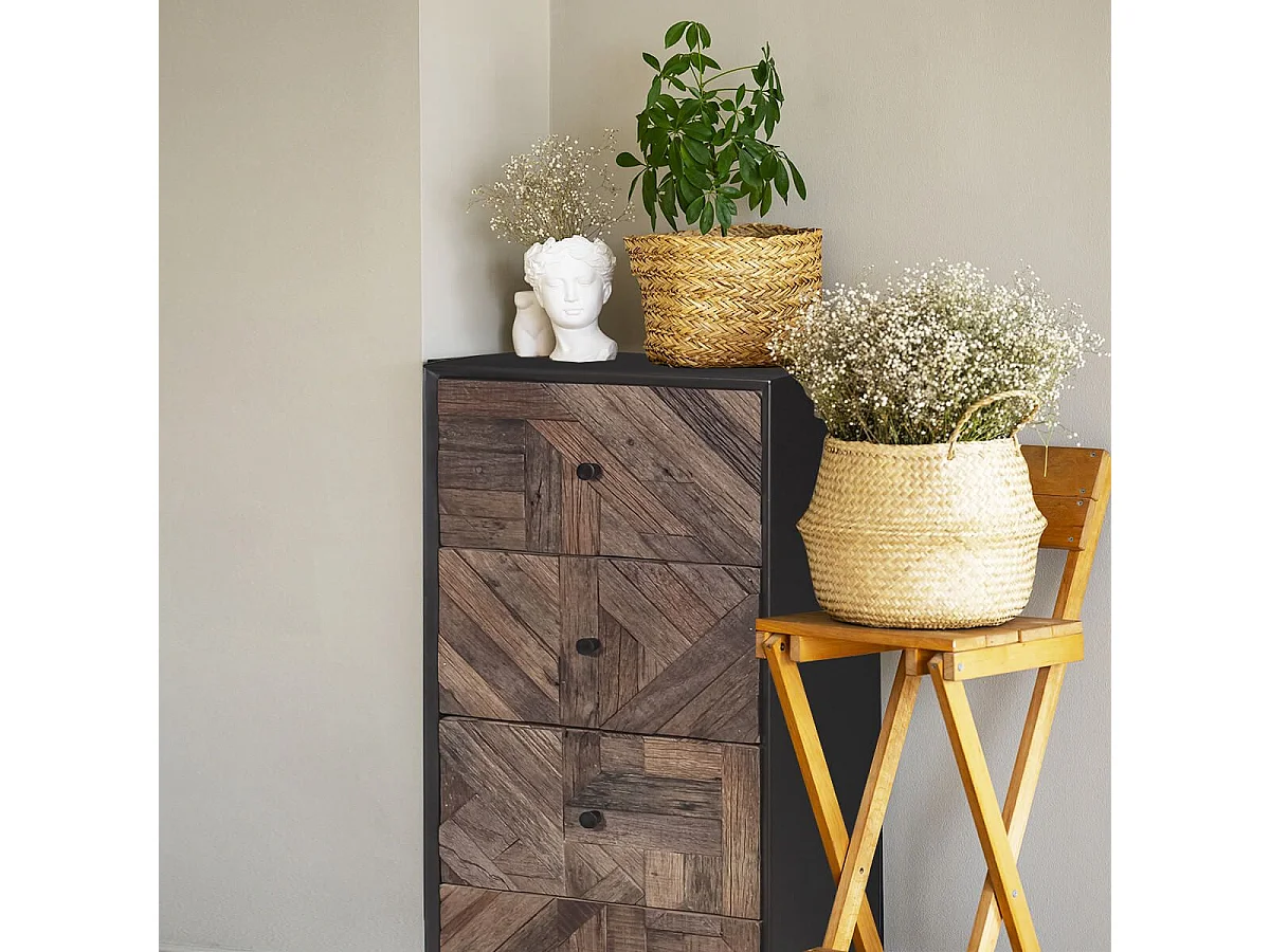 JORDAN - Chiffonnier 4 Tiroirs en Métal Noir et Bois Recyclé