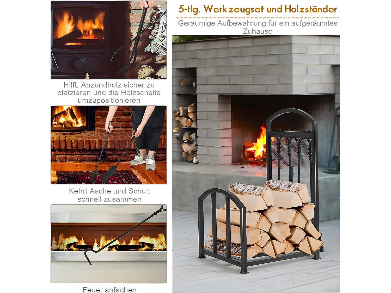 Kaminholzregal mit 4 Kaminwerkzeug