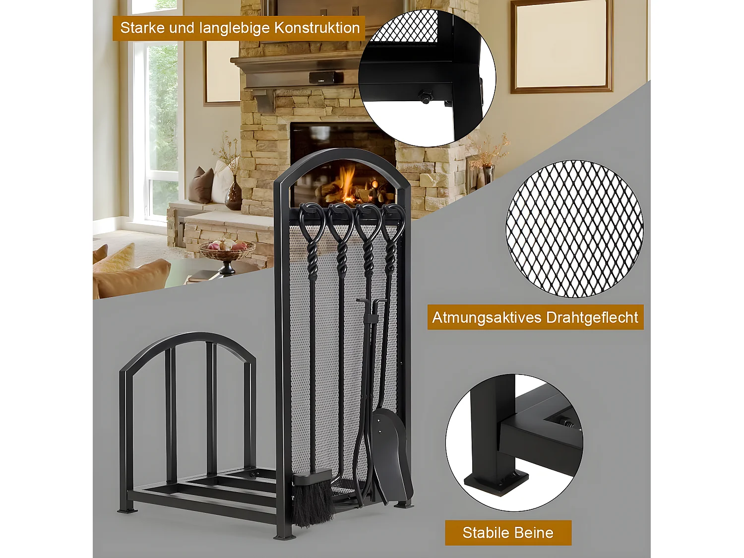 Kaminholzregal mit 4 Kaminwerkzeug