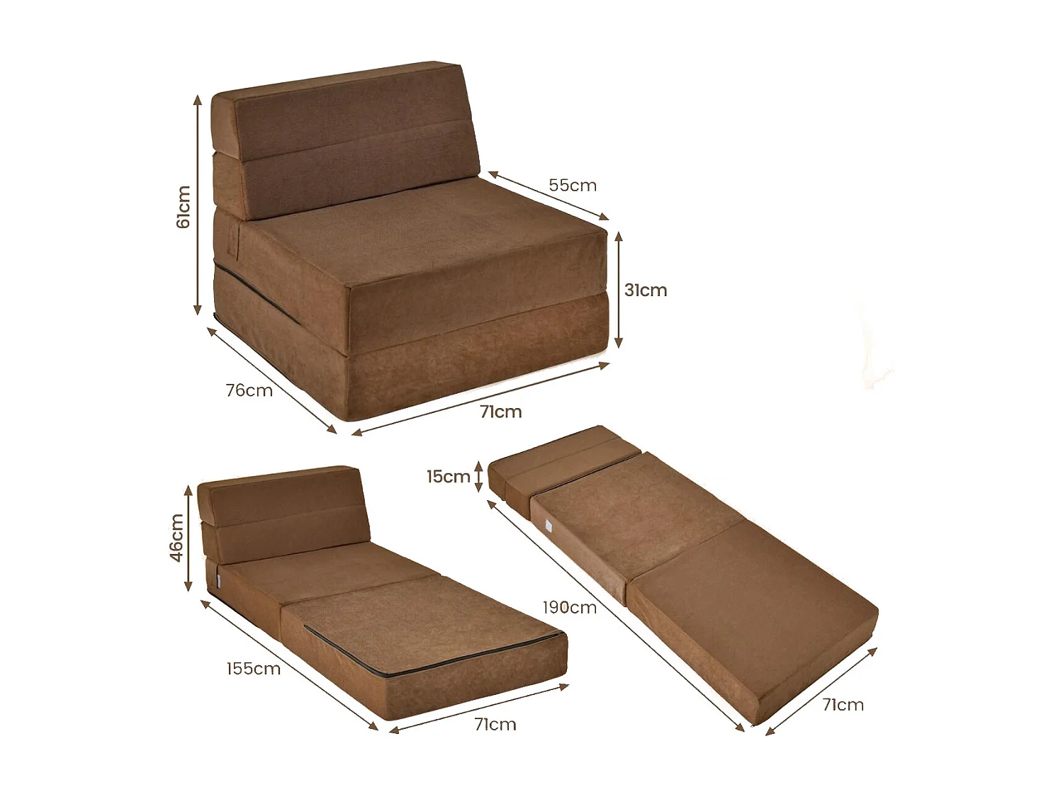 3 in 1 Klappbares Schlafsofa mit Waschbarem Bezug Extra Dick Schaumstoff (15cm) Braun