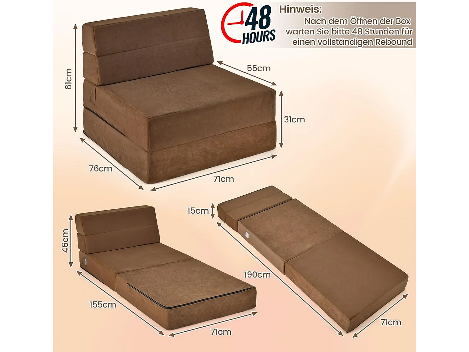 3 in 1 Klappbares Schlafsofa mit Waschbarem Bezug Extra Dick Schaumstoff (15cm) Braun