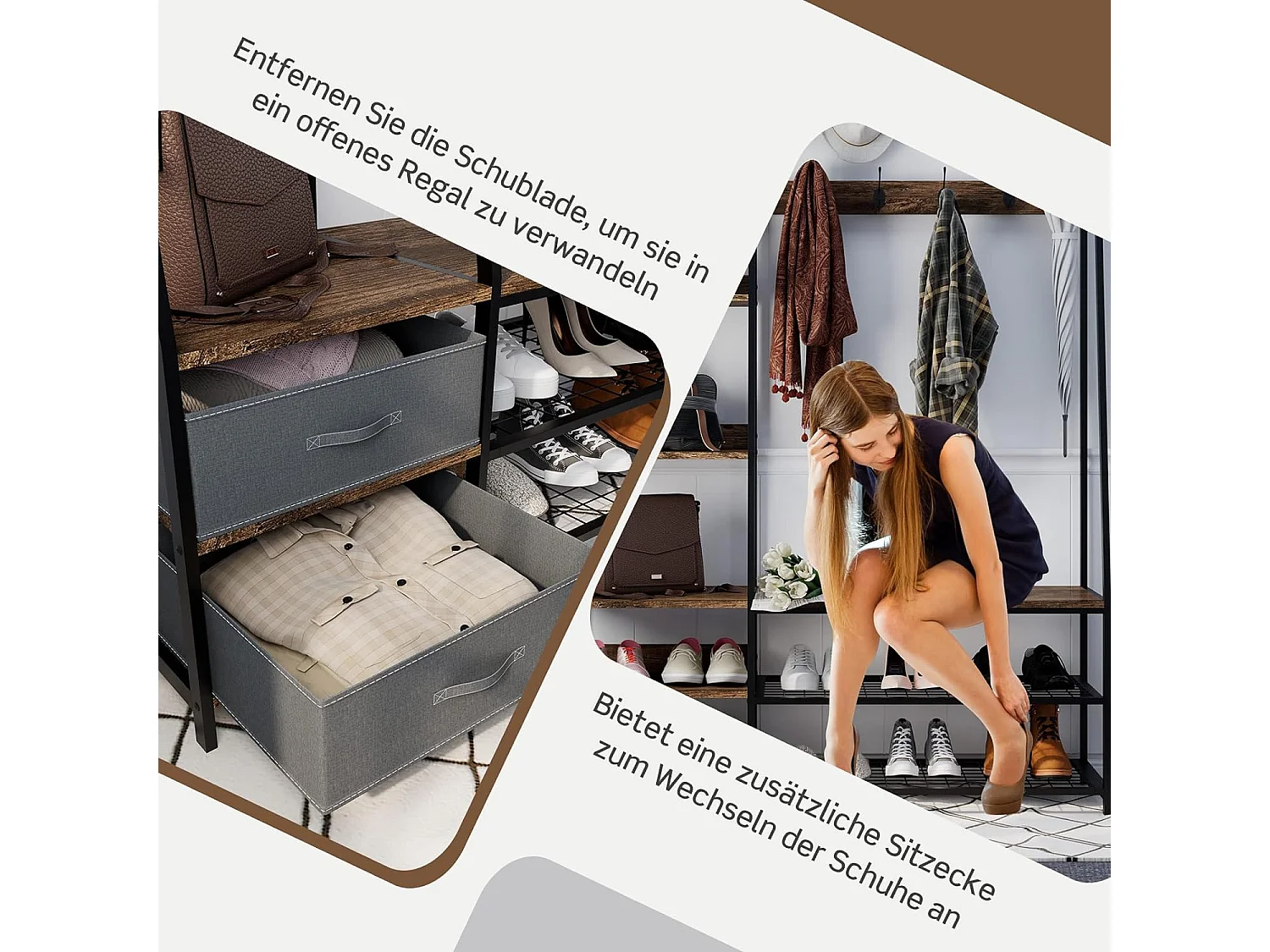 Industrielle Garderobe mit Schuhbank für den Eingangsbereich 122x40x180 cm Rustikales Braun