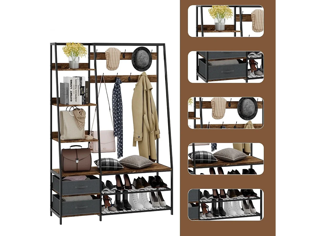 Industrielle Garderobe mit Schuhbank für den Eingangsbereich 122x40x180 cm Rustikales Braun