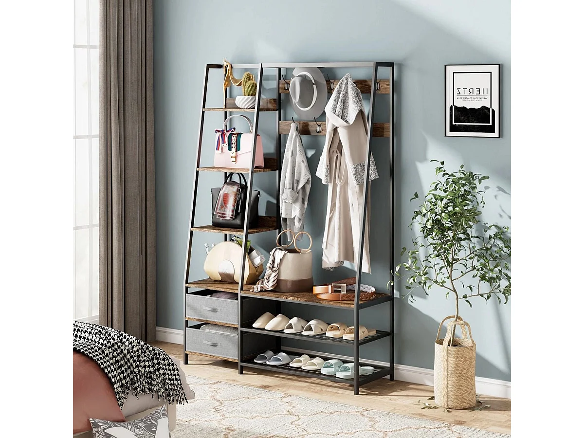 Industrielle Garderobe mit Schuhbank für den Eingangsbereich 122x40x180 cm Rustikales Braun