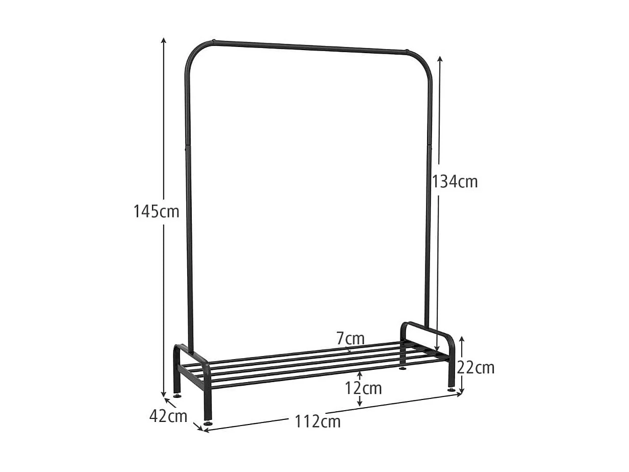 Rella appendiabiti in metallo con barra e ripiano piedini regolabili, Stand appendiabiti da terra Nero