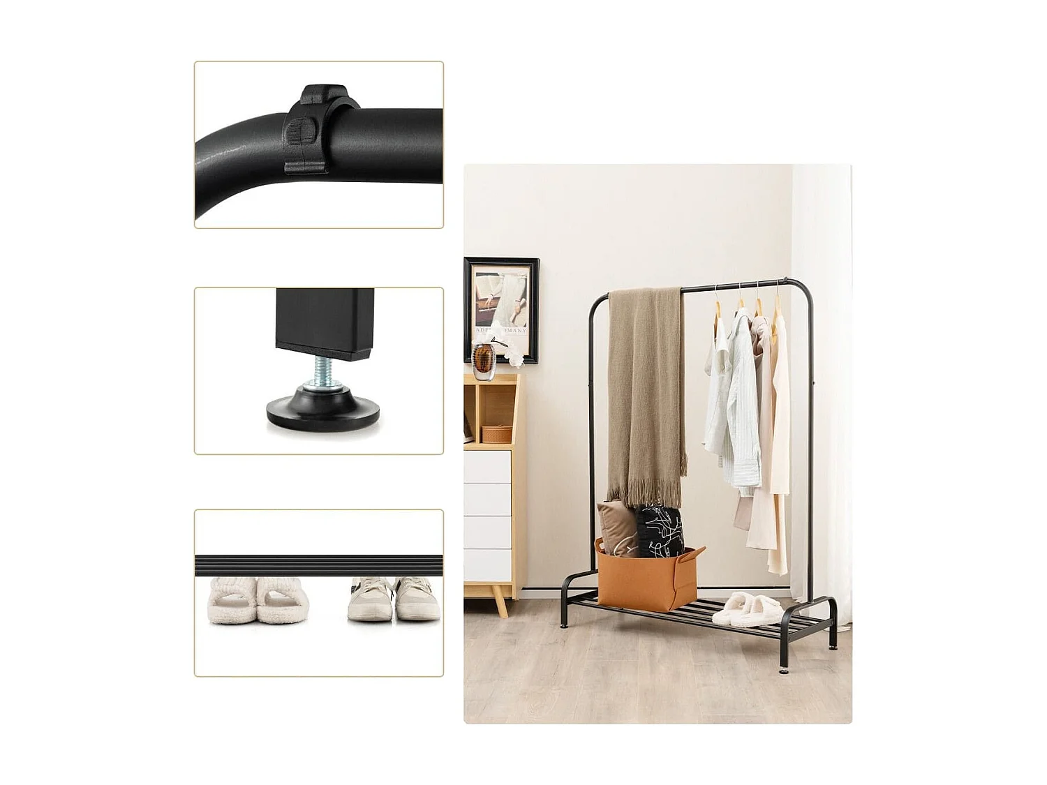 Rella appendiabiti in metallo con barra e ripiano piedini regolabili, Stand appendiabiti da terra Nero