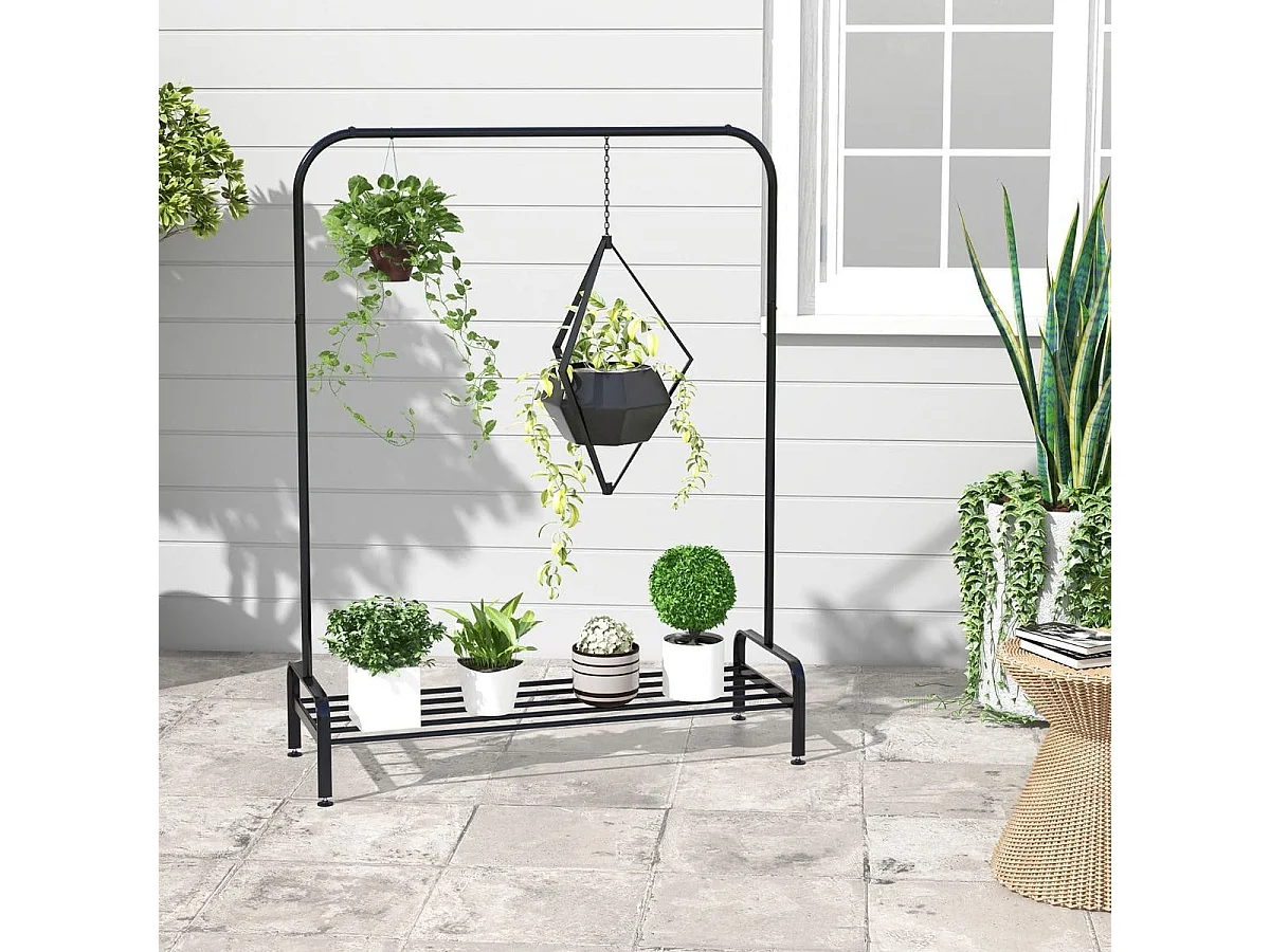 Rella appendiabiti in metallo con barra e ripiano piedini regolabili, Stand appendiabiti da terra Nero