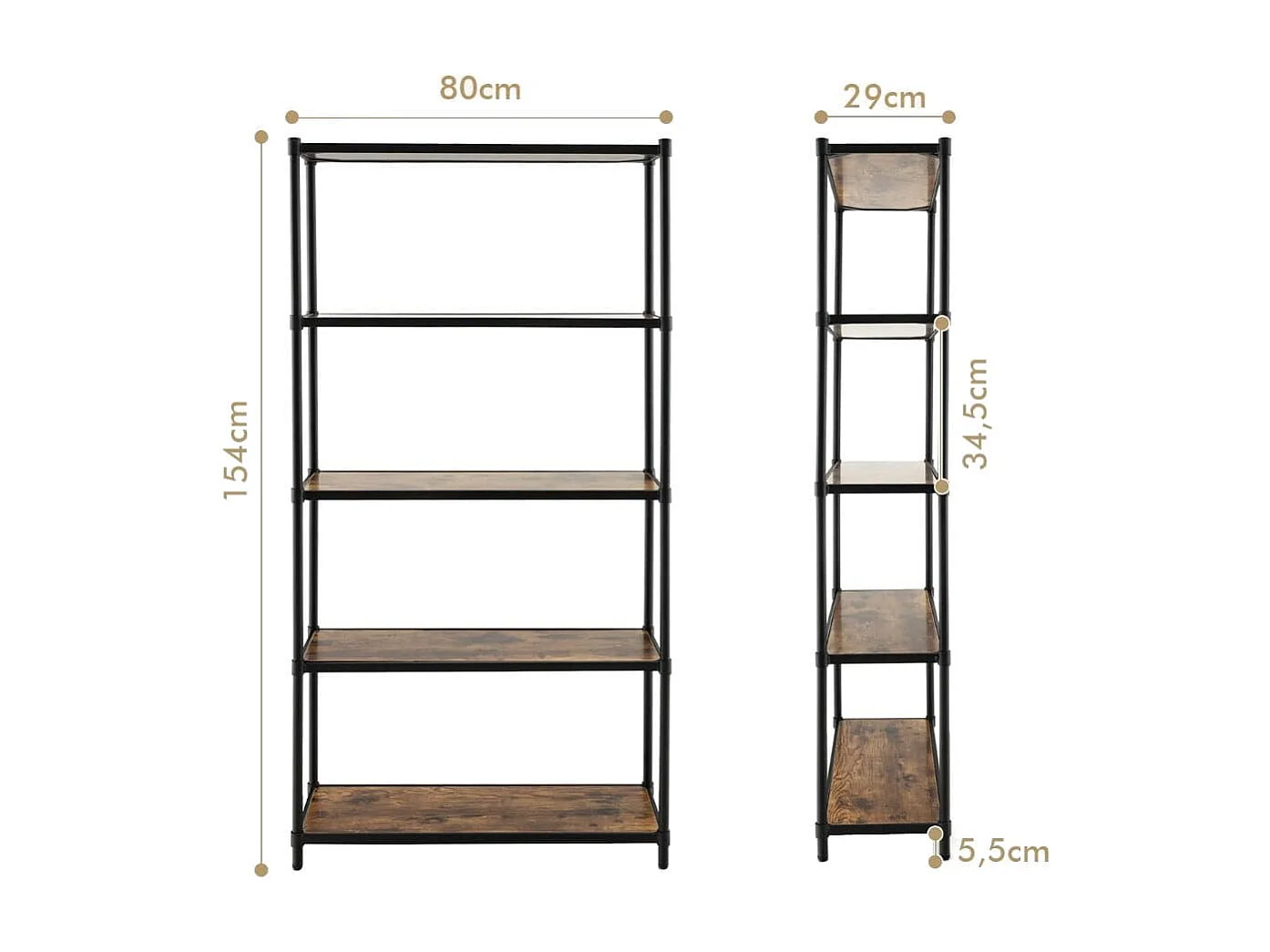 Bibliothèque Style Industriel à 5 Niveaux 80x29x154CM Étagère de Rangement avec Dispositifs Anti-basculement Pieds Réglables Noir