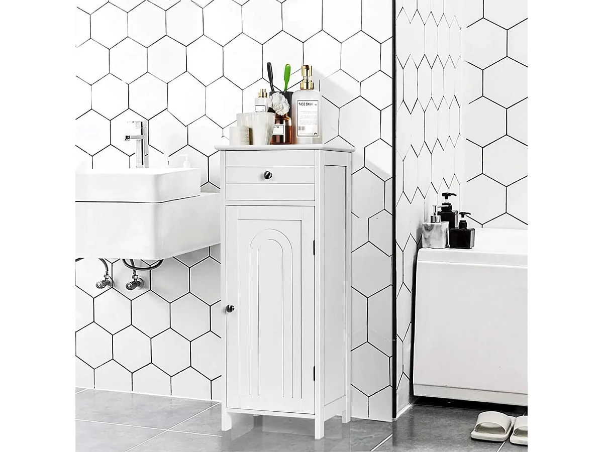 Armadio del bagno con anta singolae e 2 mensole regolabili, Organizer verticale per bagno e salone Bianco