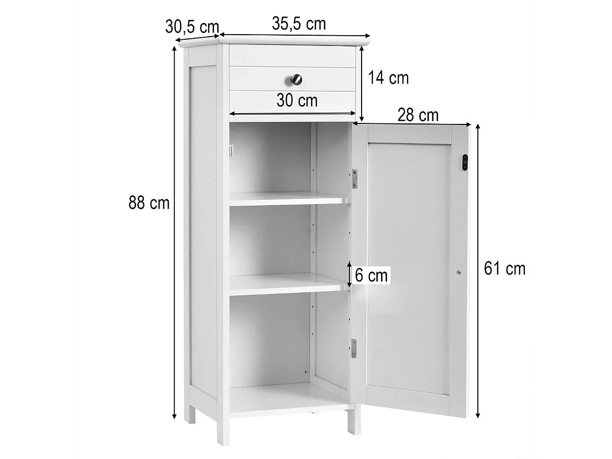 Armadio del bagno con anta singolae e 2 mensole regolabili, Organizer verticale per bagno e salone Bianco