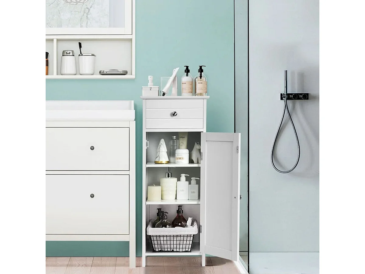 Armadio del bagno con anta singolae e 2 mensole regolabili, Organizer verticale per bagno e salone Bianco