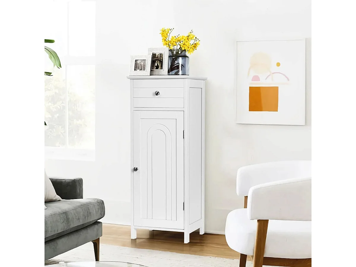 Armadio del bagno con anta singolae e 2 mensole regolabili, Organizer verticale per bagno e salone Bianco