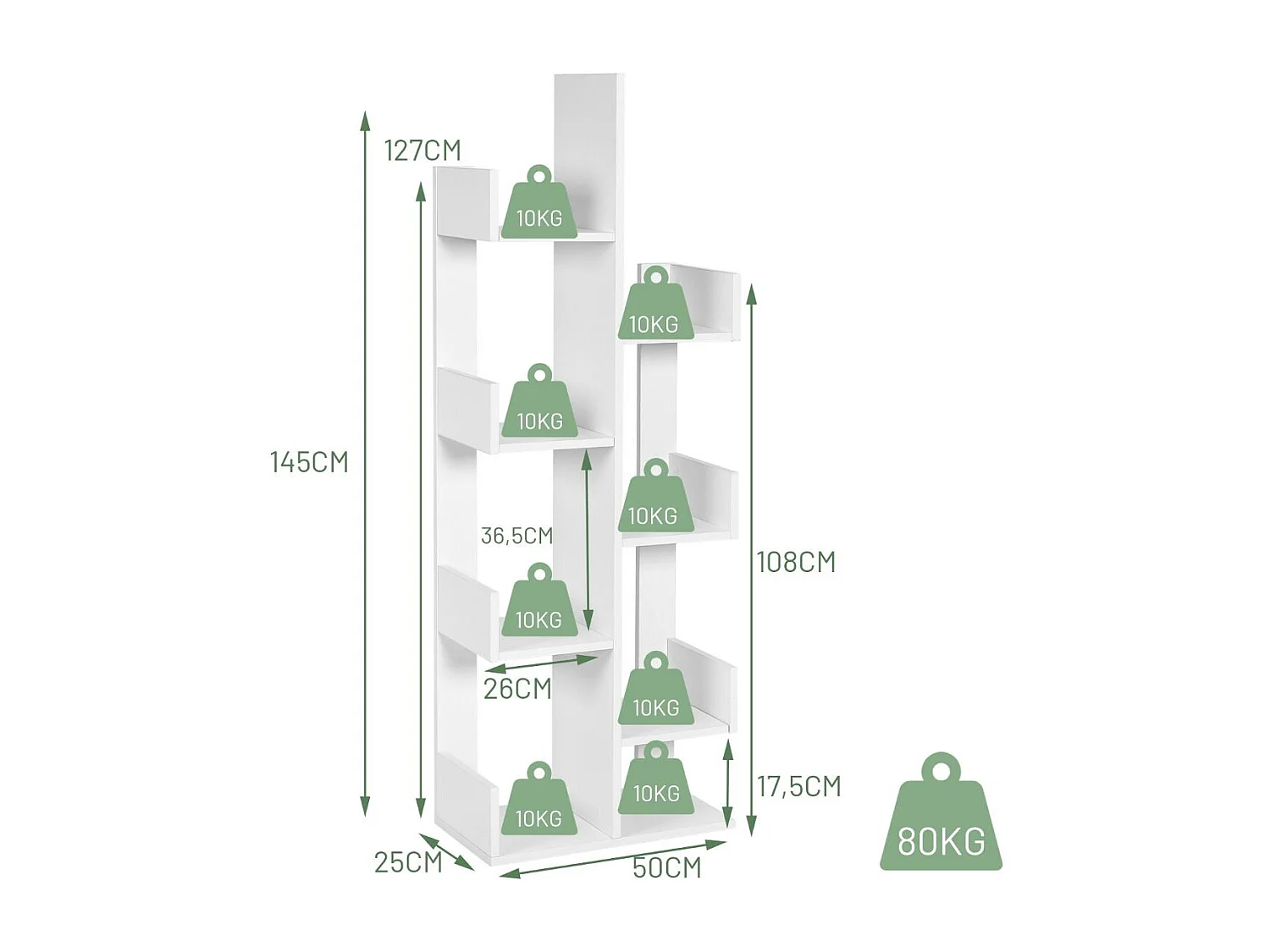 Industrielles Bücherregal mit 8 Regalböden in Weiß, aus Holz, 145 cm hoch, 50 cm breit, 80 kg belastbar