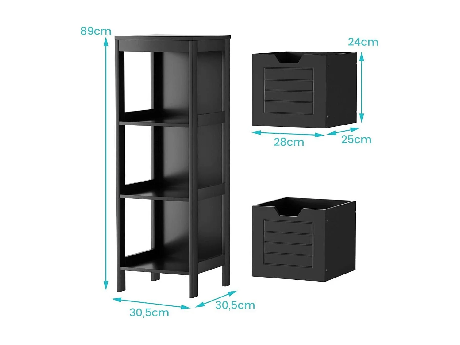 Badkommode aus Holz Badschrank mit 2 Schubladen 30 x 30 x 89 cm Schwarz