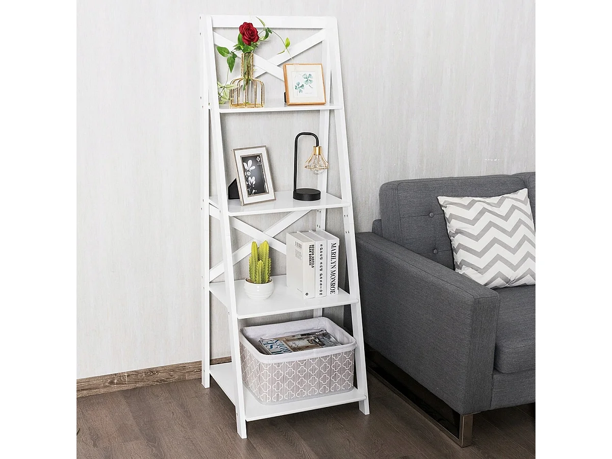 4-stufiges Leiterregal Eckregal aus Holz mit Querstange 51 x 46 x 143 cm Weiß