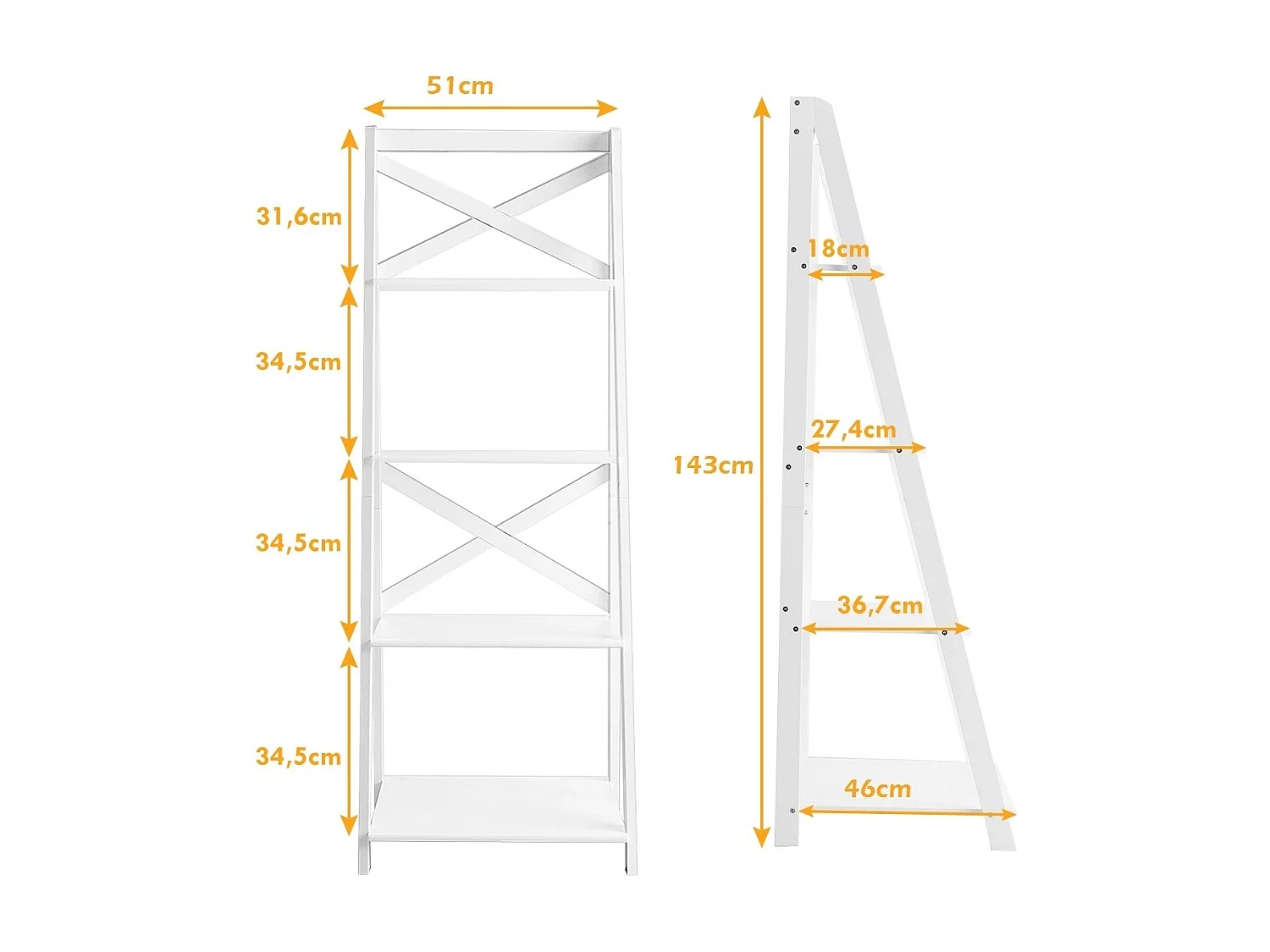 Scaffale a scala in legno a 4 ripiani per soggiorno, Libreria mobile portaoggetti 50x46x143cm Bianco