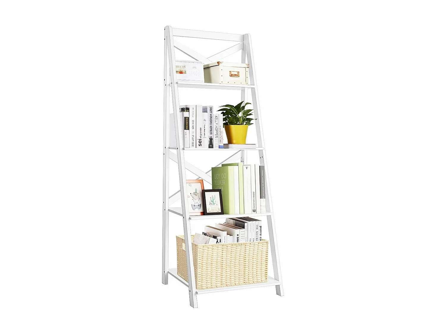 Scaffale a scala in legno a 4 ripiani per soggiorno, Libreria mobile portaoggetti 50x46x143cm Bianco