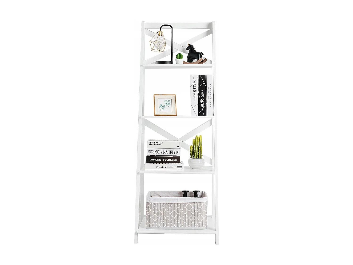Scaffale a scala in legno a 4 ripiani per soggiorno, Libreria mobile portaoggetti 50x46x143cm Bianco