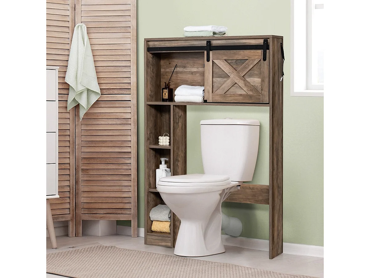 Toilettenschrank aus Holz Toilettenregal mit Schiebetür 84 x 17 x 128 cm Braun